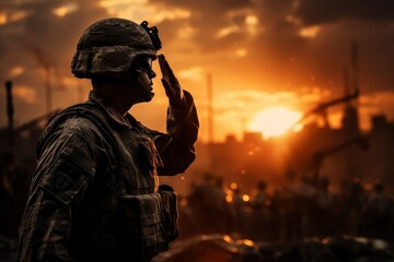 Sticker - soldier salutes the setting sun on a battlefield