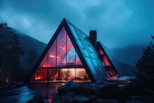 Glowing Neon Triangle Shaped Futuristic Modern House In The Mountains