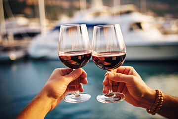 young couple toasting with a glasses of red wine on a luxury yacht close up