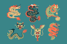 Oriental Chinese Green Wooden Dragon Clipart Set, Lunar Symbol Incoming2024 New Year, Traditional Asian Mythical Animal.