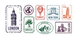 Fototapeta Londyn - Collection of city stamps, London, Turkey, Greece, New York, Pisa, Mountains