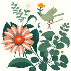  Illustration of flower Ornamente with bird, generative ai