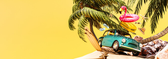 Turquoise blue retro car with pink flamingo and summer travel accessories under the palm tree on yellow background with copy space. 3D Rendering, 3D Illustration