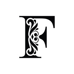 capital  letter F. Black flower alphabet. Beautiful capital letters with shadow