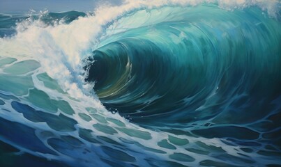 Sticker -  a painting of a large blue wave in the ocean with a sky background.  generative ai