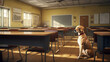 © s1llu - Dog in empty classroom. Concept of dog school or pet day at school. Generative AI