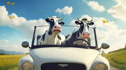 Wall Mural - Cows driving with the car. Generative AI