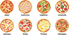 Isolated Tasty Pizza Icons Top View. Pizzas Salami, Mozzarella, Peperoni. Pizzeria, Delivery Service Fast Food. Decent Vector Italian Cuisine Set