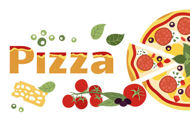 Canvas Print - Pizza background, italy pizzeria delivery service banner design. Fresh food, pepperoni, tomato and olives. Italian cuisine decent vector scene