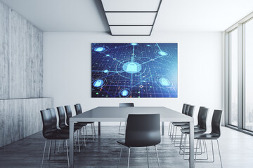 Poster - Creative idea concept with lock symbol and microcircuit illustration on presentation screen in a modern conference room. Protection and firewall concept. 3D Rendering