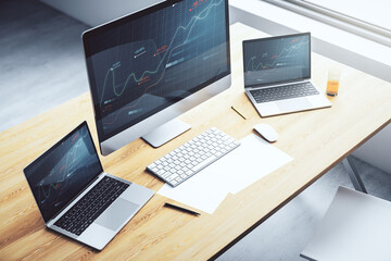Aufkleber - Modern computer screen with creative statistics data hologram, stats and analytics concept. 3D Rendering