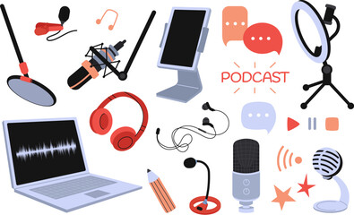 Sticker - Digital podcast tech equipment. Light, microphone and tablet, laptop and headphones. Streaming live or tv audio show, radio wave decent vector elements