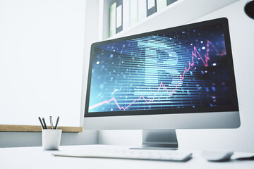 Poster - Modern computer display with creative Bitcoin symbol hologram. Mining and blockchain concept. 3D Rendering