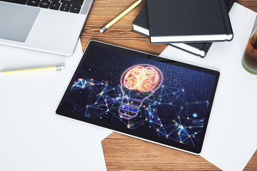 Poster - Creative idea concept with light bulb and human brain illustration on modern digital tablet screen. Neural networks and machine learning concept. Top view. 3D Rendering