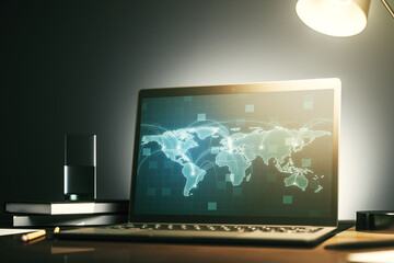 Poster - Computer monitor with abstract graphic digital world map with connections, globalization concept. 3D Rendering