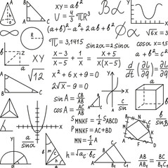 doodle math, formula maths and mathematics scribble homework. various charts and geometry shapes, ph