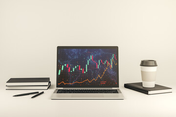 Poster - Modern computer display with abstract financial graph with world map, financial and trading concept. 3D Rendering