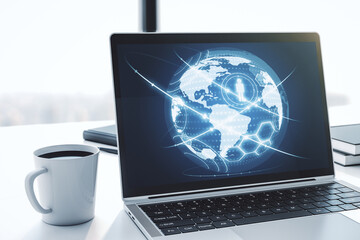 Poster - Social network concept with world map on modern laptop screen. 3D Rendering