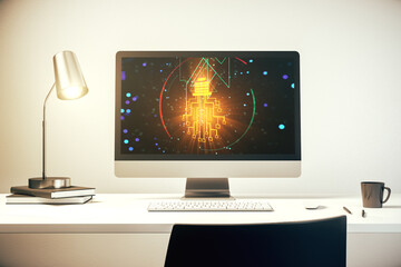 Aufkleber - Modern computer monitor with creative light bulb hologram and chip on laptop background, idea and brainstorming concept. 3D Rendering