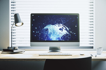 Aufkleber - Modern computer monitor with abstract programming language with world map, research and development concept. 3D Rendering