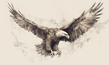  A Drawing Of A Bald Eagle Flying In The Air With Its Wings Spread.  Generative Ai