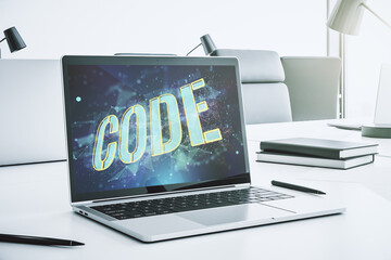 Poster - Creative Code word sign on modern computer monitor, international software development concept. 3D Rendering