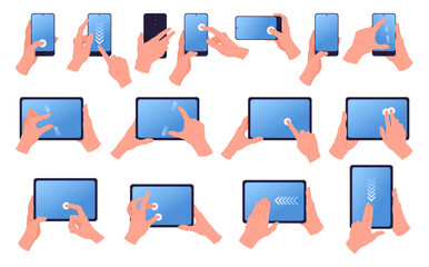 screen touch gestures. cartoon hands holding and using smartphone and tablet, tap, swipe, pinch, zoo