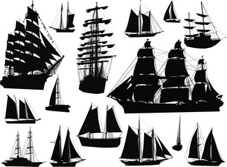 Wall Mural - ship fifteen silhouettes isolated on white background