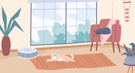 Sticker - Cats relaxing in room. Living zone interior, relax area with furniture and kittens. Home decoration, inside apartment vector scene