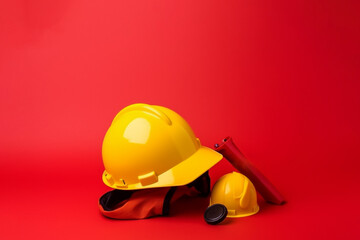 Yellow safety helmet on a red background, labor day concept copy space 