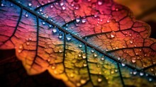 Drops Of Clean Transparent Water On Leaves. Texture Of A Colorful Leaf Close-up. Beautiful Nature Backdrop. Generative AI. Illustration For Brochure, Poster, Cover, Presentation Or Banner.