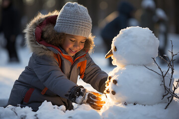 Wall Mural - children playing with snow in winter