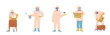Isolated Set Of Apiary Farm Or Beekeeping Garden Worker Character Engaged In Honey Extraction