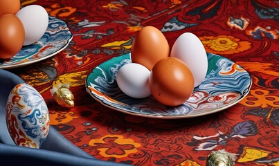 Sticker -  a plate with three eggs on it next to another plate.  generative ai