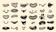 Big set retro cartoon characters funny mouths. Vintage 30s, 50s, 60s old animation, comic mouth elements. Smiley vector faces, with funny emotions. Faces logo happy and sad emotions.