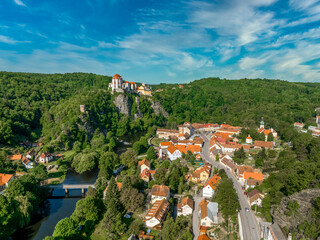 Poster - Aerial panorama view of the Thaya river curving at Vranov nad Dyji with old Gothic castle structure turned into a representative Baroque residence with  the extensive landscape park