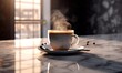  a cup of coffee on a saucer with steam rising from it.  generative ai
