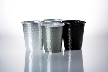 Illustration of three colorful cups arranged on a wooden table