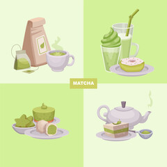 Sticker - Matcha products. Various green foods liquids smoothie tasty cakes hot tea