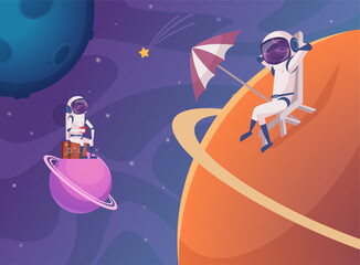 Wall Mural - space travellers. astronaut walking and relaxing on different moon surfaces. vector cartoon template