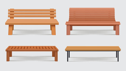 Wall Mural - benches. realistic set of different wooden benches for urban park decent vector collection
