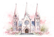 Watercolor Catholic Church in Pink Colors on White, wedding background