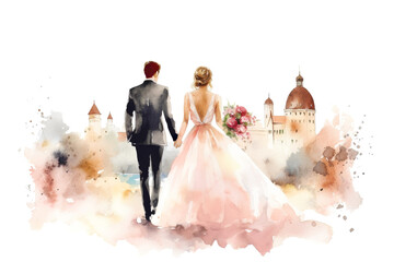 Watercolor Groom and Bride Against Catholic Church Isolated on White, wedding background