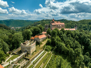 Canvas Print - Aerial view of Pernstejn castle with barbican and moat protecting the entrance