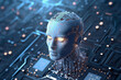 © ADDICTIVE STOCK - Generative AI image of robot technology network data processing with neon lights on blue background circuits while humanoid head connected with glowing eyes