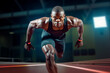 © ADDICTIVE STOCK - Generative AI image of focused African American muscular male athlete in sportswear looking at camera while practicing running exercise in blurred place