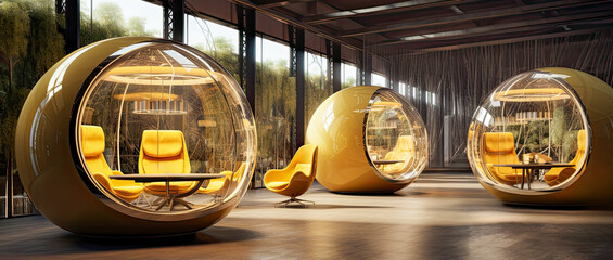 futuristic business rented workplace telecommuting pods with beautiful interior design. connecting c