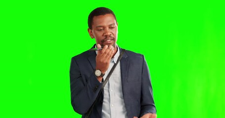 Green screen, phone and businessman on a voice message on mobile app talking and networking for corporate communication. Smartphone, conversation and man employee speaking on social media or online