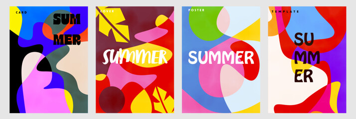 Hello summer. Vector colorful abstract fluid and geometric background set for summer