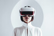 © ADDICTIVE STOCK - Generative AI image of futuristic young woman wearing virtual reality goggles experiencing cyberspace against white background